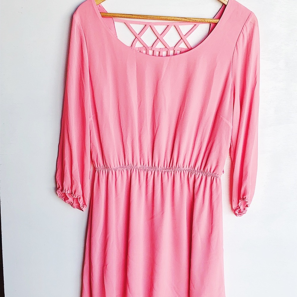 Pink Chiffon 3/4 Sleeve Mini Dress - Large Pink